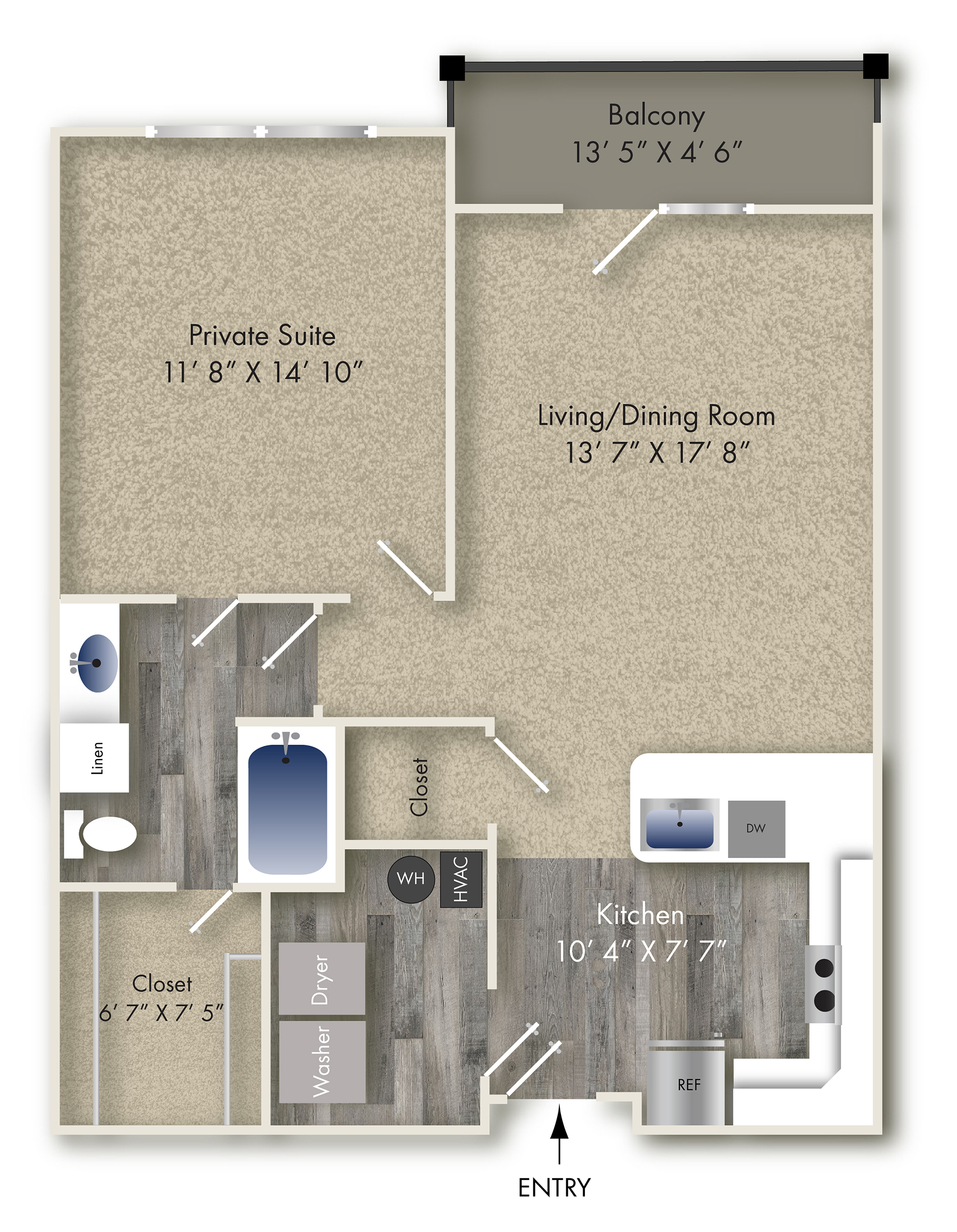 Floor plan for 1 bed, 1 bath, 825 sqft